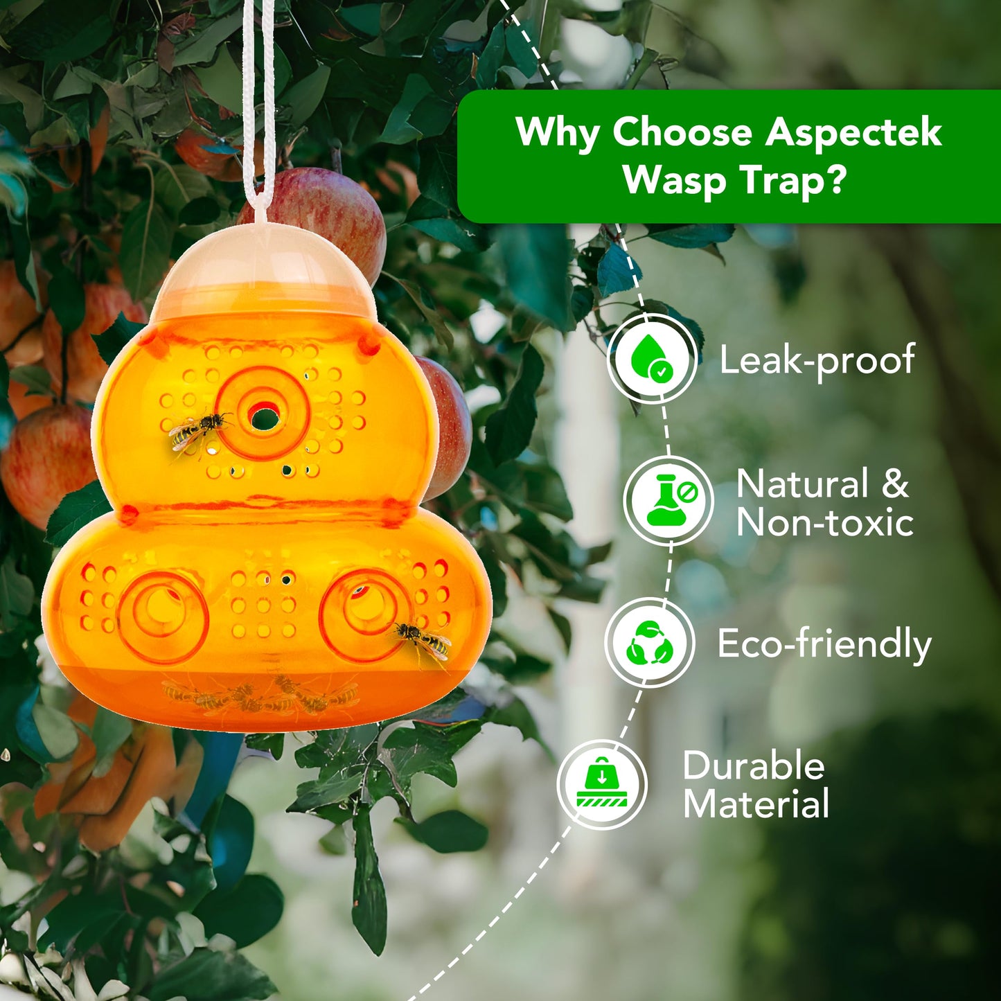 Aspectek Yellow Wasp Trap, 2 Pack, Outdoor Hanging Hornet, Yellow Jacket and Fly Catcher for Yard and Patio, Reusable, Easy Fill, Leak-Proof, Protect Garden, Patio, BBQ, Apple, Pear Trees, Berries