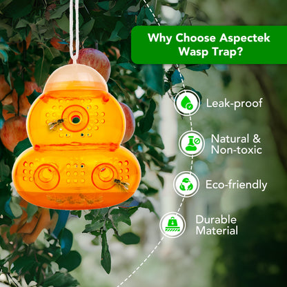 Aspectek Yellow Wasp Trap, 2 Pack, Outdoor Hanging Hornet, Yellow Jacket and Fly Catcher for Yard and Patio, Reusable, Easy Fill, Leak-Proof, Protect Garden, Patio, BBQ, Apple, Pear Trees, Berries