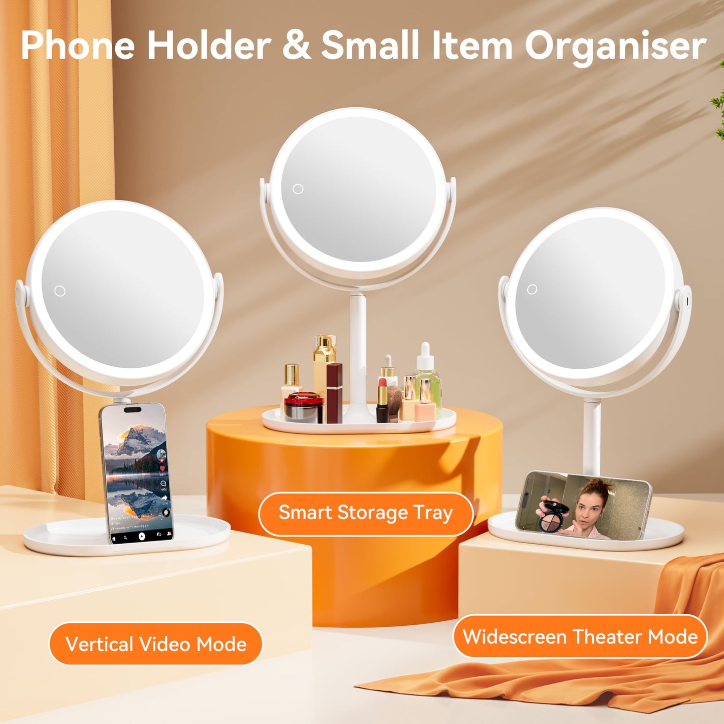 Auxmir 30X/1X Magnifying Mirror with Light, Double-Sided Makeup Mirror with Storage Base&Touch Control, Rechargeable Vanity Mirror with 360°Rotation for Dressing Table Bathroom Bedroom Travel - Available at All In One Marketplace Canada