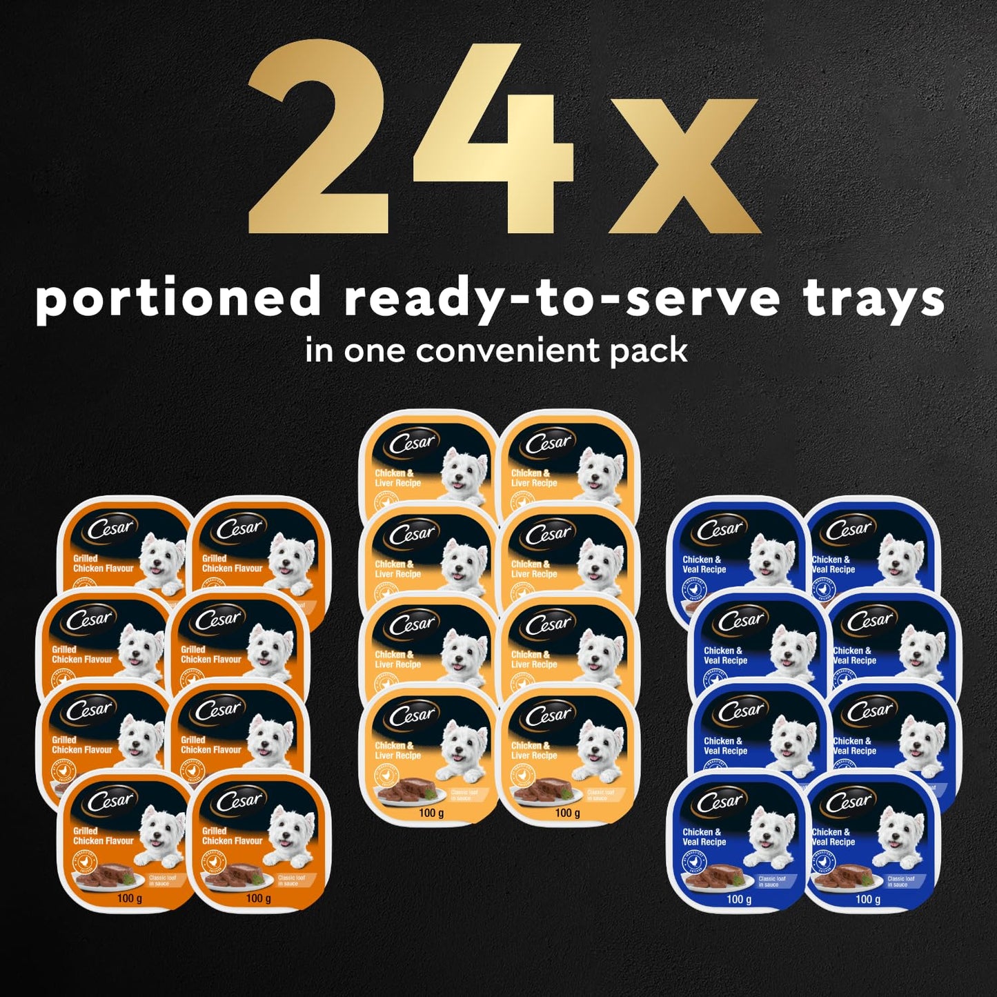 CESAR Classic Loaf in Sauce Adult Wet Dog Food Chicken Lovers Variety Pack, 8 Grilled Chicken Flavour, 8 Chicken & Liver Recipe, 8 Chicken & Veal Recipe 24x100g Trays