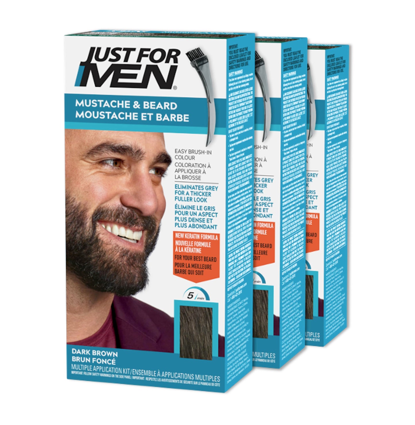 Just For Men Mustache & Beard, Beard Dye for Men with Brush Included for Easy Application, With Biotin Aloe and Coconut Oil for Healthy Facial Hair, Dark Brown, M-45 (3 Count)
