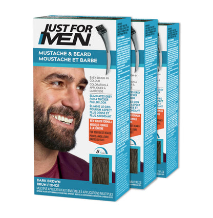 Just For Men Mustache & Beard, Beard Dye for Men with Brush Included for Easy Application, With Biotin Aloe and Coconut Oil for Healthy Facial Hair, Dark Brown, M-45 (3 Count)