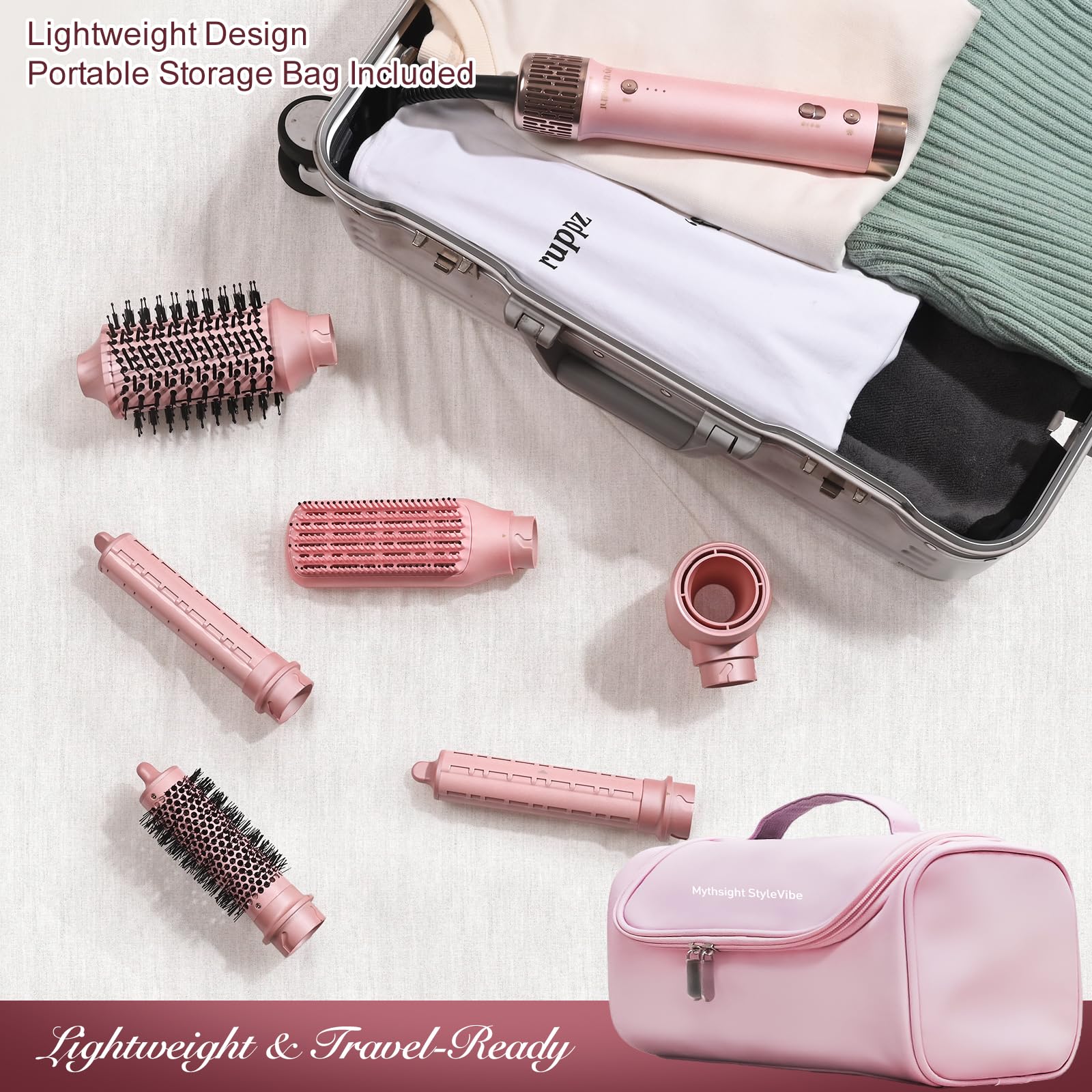 Mythsight StyleVibe 6-in-1 Air Styler, Hair Dryer & Blow Dryer Brush with Auto Wrap Curl L/R, Fast Drying, Smooth Blowouts, Root-Lift Volume, No Heat Damage Frizz-Free Thermal Brush with Travel Bag StyleVibe