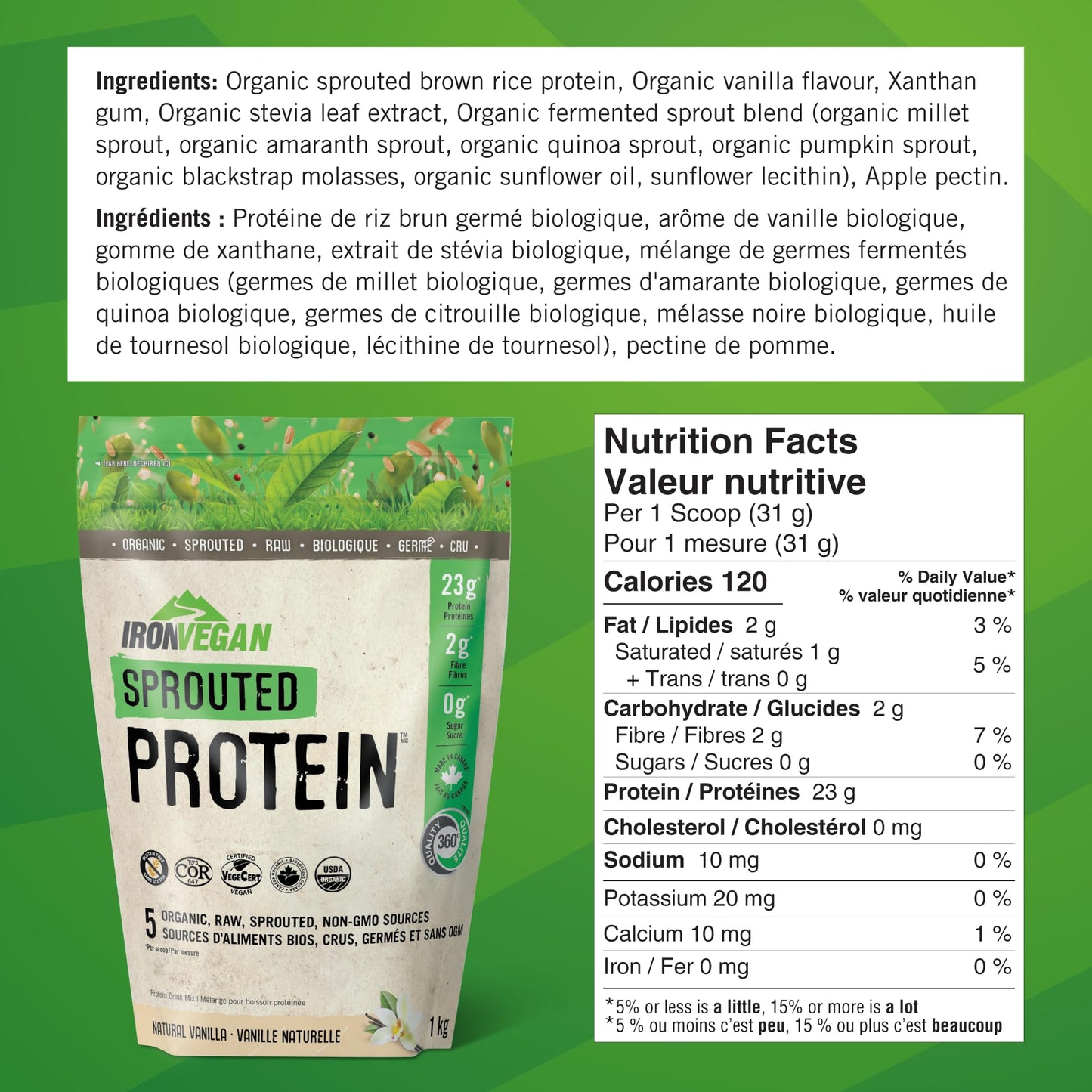 Iron Vegan Sprouted Protein, French Vanilla Flavour, 1kg | Vegan, plant-based, organic, gluten-free Brown (Pack of 1) IRONVEGAN