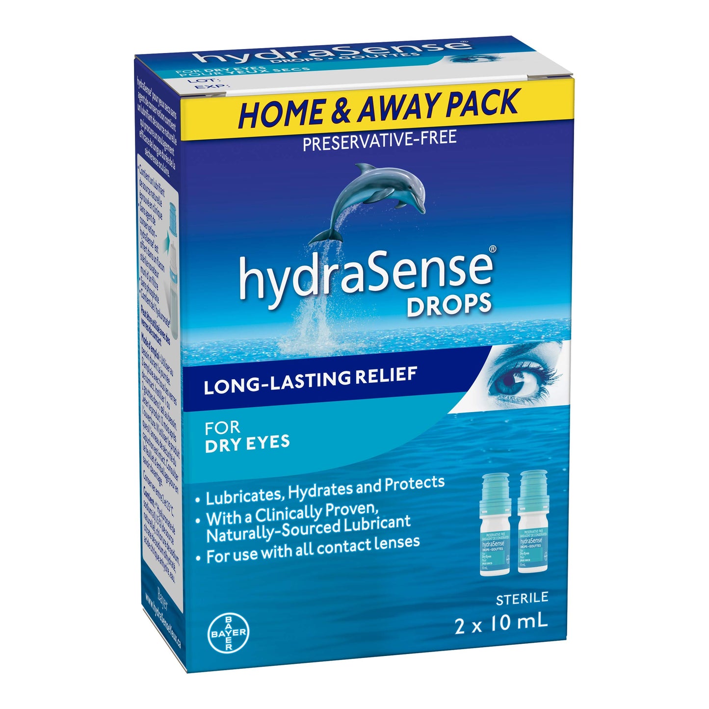HydraSense Eye Drops, For Dry Eyes, Fast and Long-Lasting Relief, Preservative Free, Naturally Sourced Lubricant, Home and Away Twin Pack (2 x 10 mL), 20 mL HydraSense