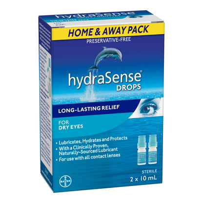 HydraSense Eye Drops, For Dry Eyes, Fast and Long-Lasting Relief, Preservative Free, Naturally Sourced Lubricant, Home and Away Twin Pack (2 x 10 mL), 20 mL HydraSense