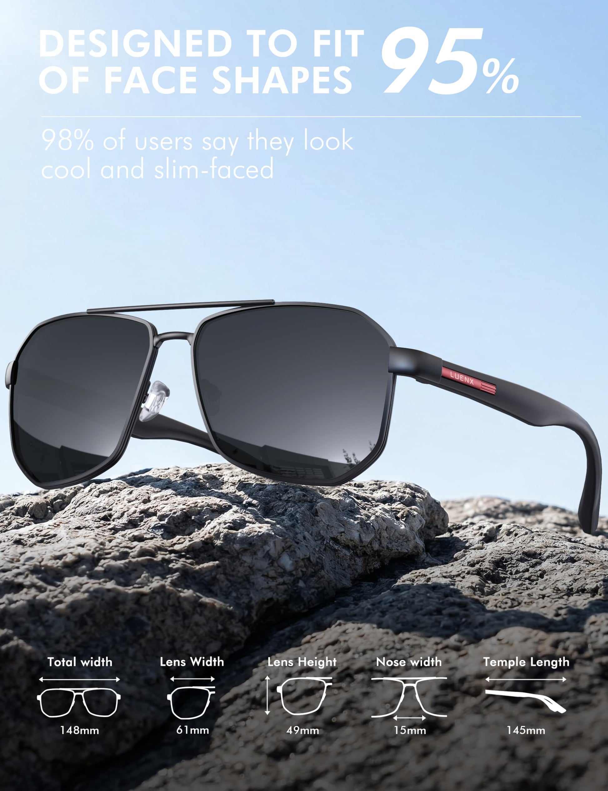 LUENX Aviator Sunglasses for Men Square Polarized Polygon Black Lens Matte Black Frame - UV 400 Protection with Accessories Driving