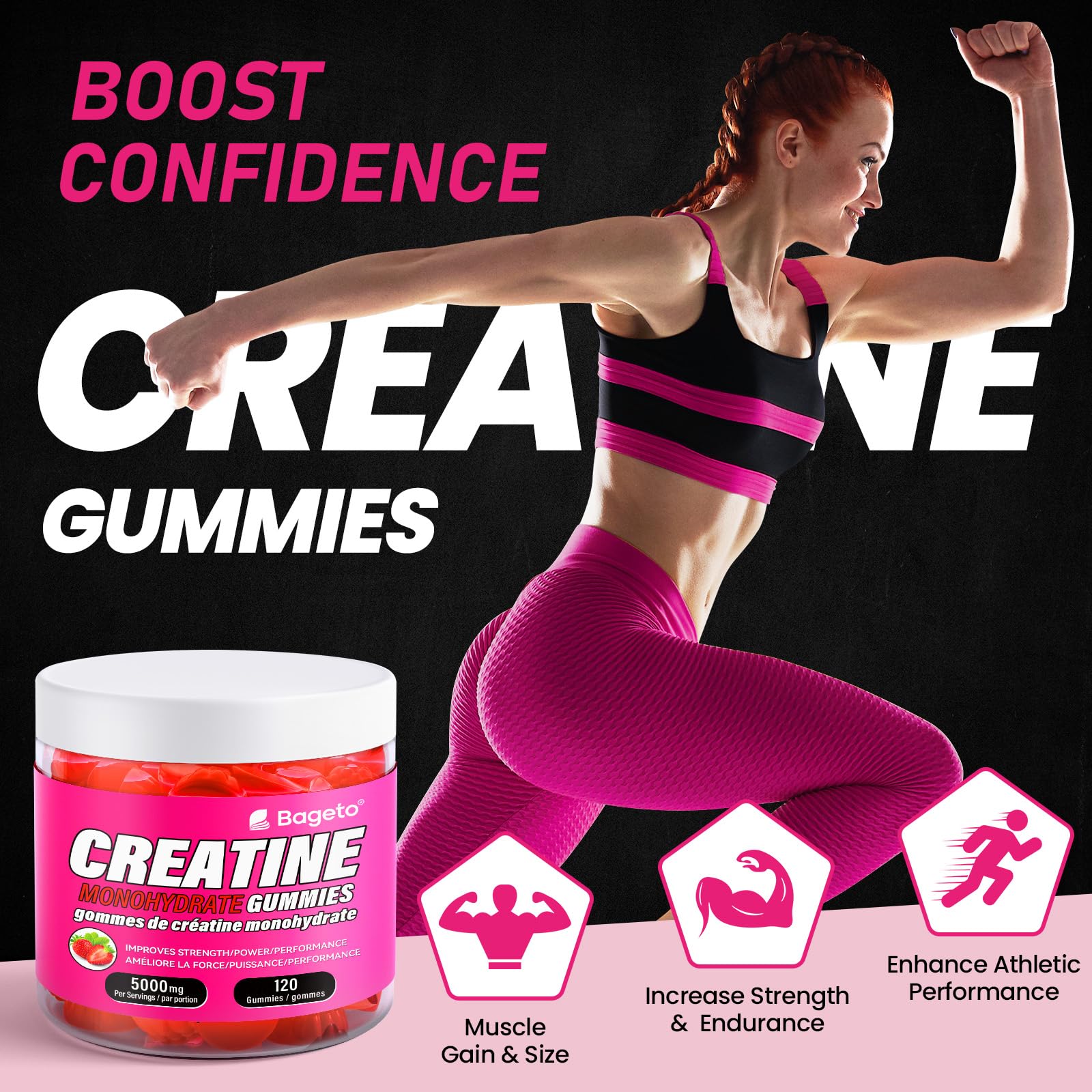 Creatine Monohydrate Gummies 5000mg for Men & Women, Gomitas de Creatina 5g Creatine Monohydrate, 0g Sugar Creatine Pre-Workout for Muscle Strength, Vegan, 120 Count Strawberry (Pack of 1)
