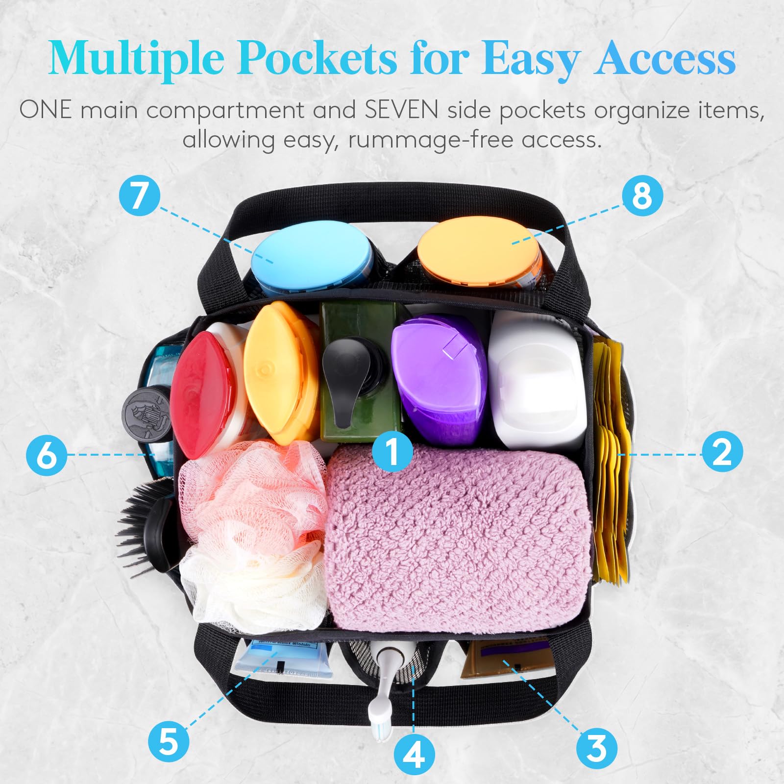 Lifewit Mesh Shower Caddy Freestanding Portable Shower Tote Bag for College Dorm, Bathroom, Gym, Travel, Quick Dry Hanging Shower Organizer with 7 Storage Pockets for Toiletry Essentials, Medium,Black - Available at All In One Marketplace Canada
