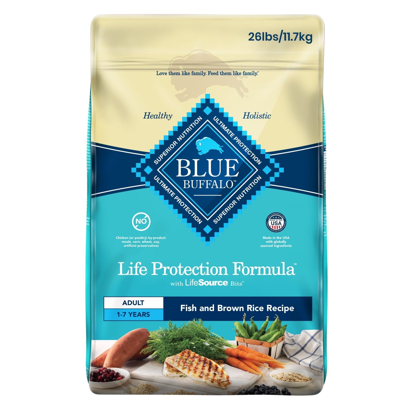 Blue Buffalo Life Protection Formula Adult Dry Dog Food, Helps Build and Maintain Strong Muscles, Made with Natural Ingredients, Fish & Brown Rice Recipe, 11.7kg/26lbs Bag