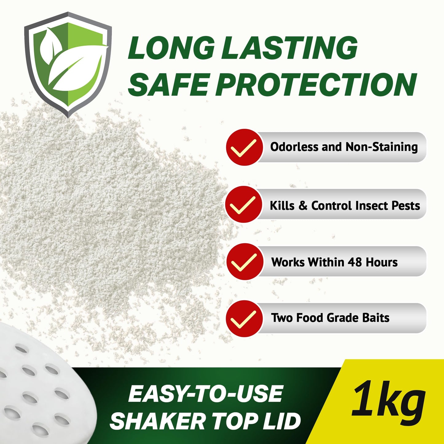 KNOCK DOWN - Diatomaceous Earth Insect Killer, Cockroach, Flea, Ant, Silverfish, Bed Bug Killer for Indoor and Outdoor Use, Food Grade Diatomaceous Earth Powder with Bait, 1kg Pail