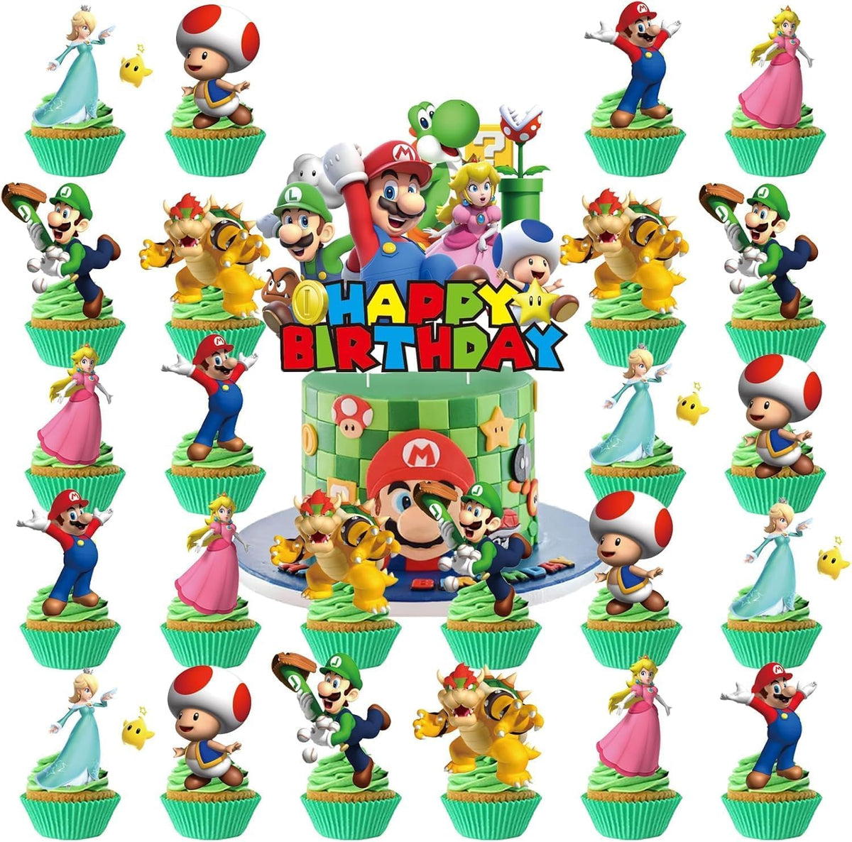 Birthday Party Decorations,48PCS Mario Cartoon Theme Supplies - 1 Backdrop, 1 Banner, 4 Aluminum Balloons, 1 Tablecloth, 25 Cake Toppers, 16 Latex Balloons. 🍁 All In One Marketplace Canada