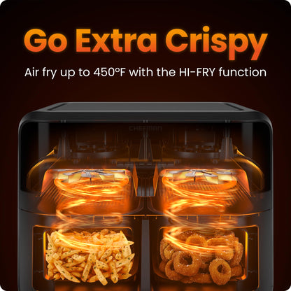 CHEFMAN 6 Quart Dual Basket Air Fryer Oven with Easy View Windows, Sync Finish, Hi-Fry, Auto Shutoff, 2 Independent 3Qt Nonstick Dishwasher Safe Frying Baskets, Digital Double Air Fryer - Black - Available at All In One Marketplace Canada