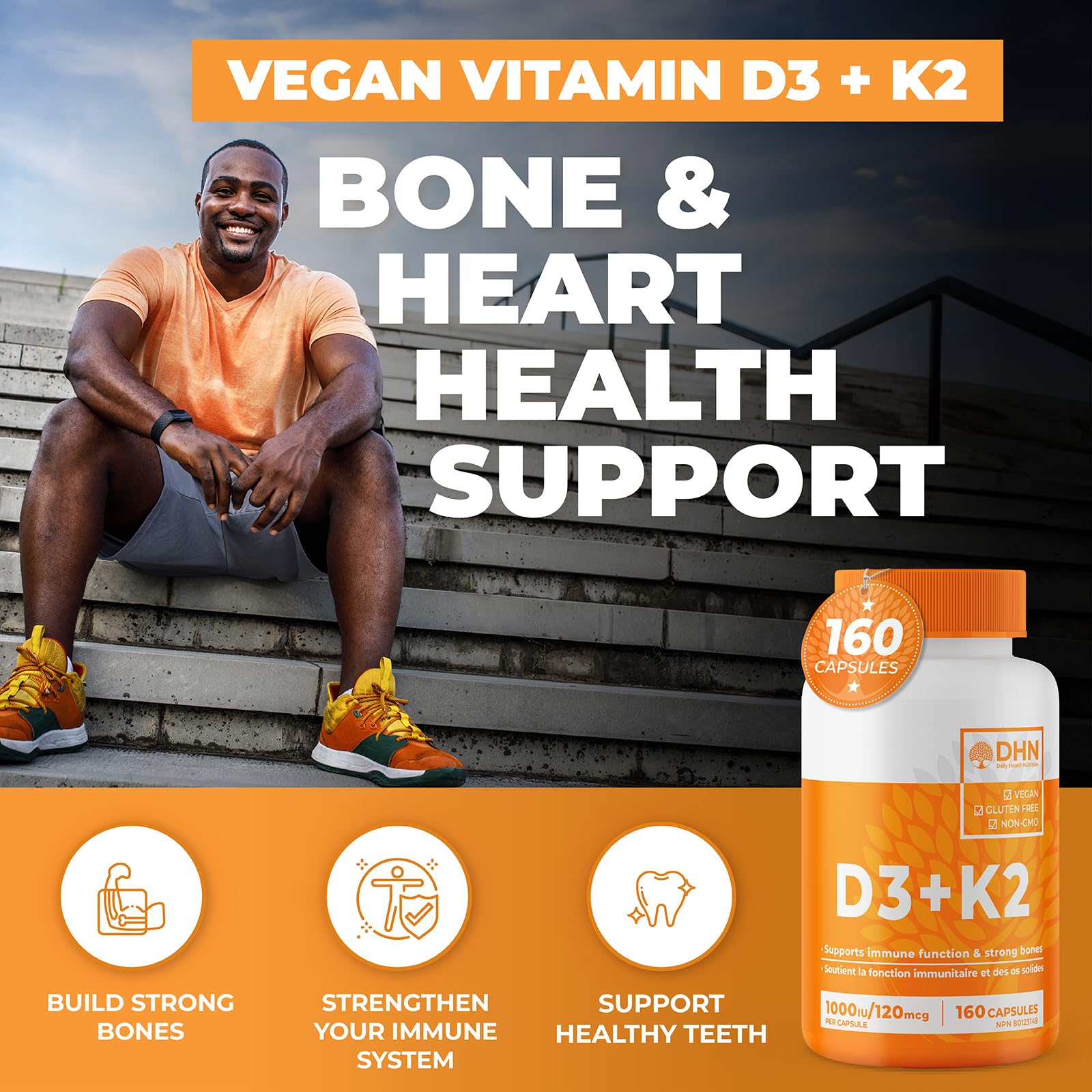 VITAMIN D3 K2 (MK-7) VEGAN | HIGH POTENCY•VALUE SIZE | Supports Prevention of Osteoporosis & Heart Calcification | Immune, Bone & Heart Health Supplement | Canadian Made Vitamin D3 Vitamin K2 - Available at All In One Marketplace Canada