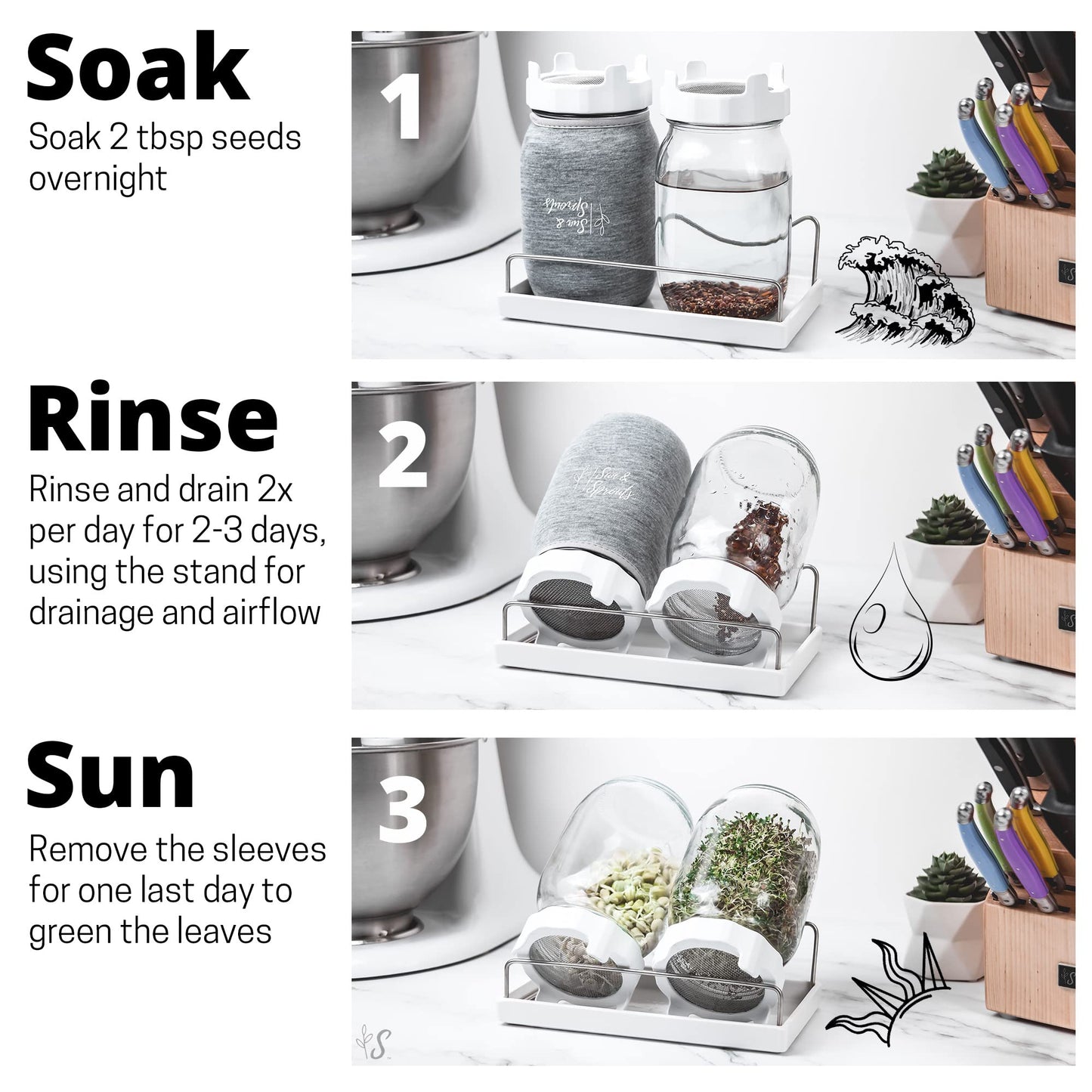 Sun & Sprouts The Original Complete Sprouting Kit - 2 Large Wide-Mouth Mason Jars, Premium Screen lids, Blackout Sleeves, Tray, Sprouter Stand - for Growing Broccoli, Mung Bean, Alfalfa from Seed