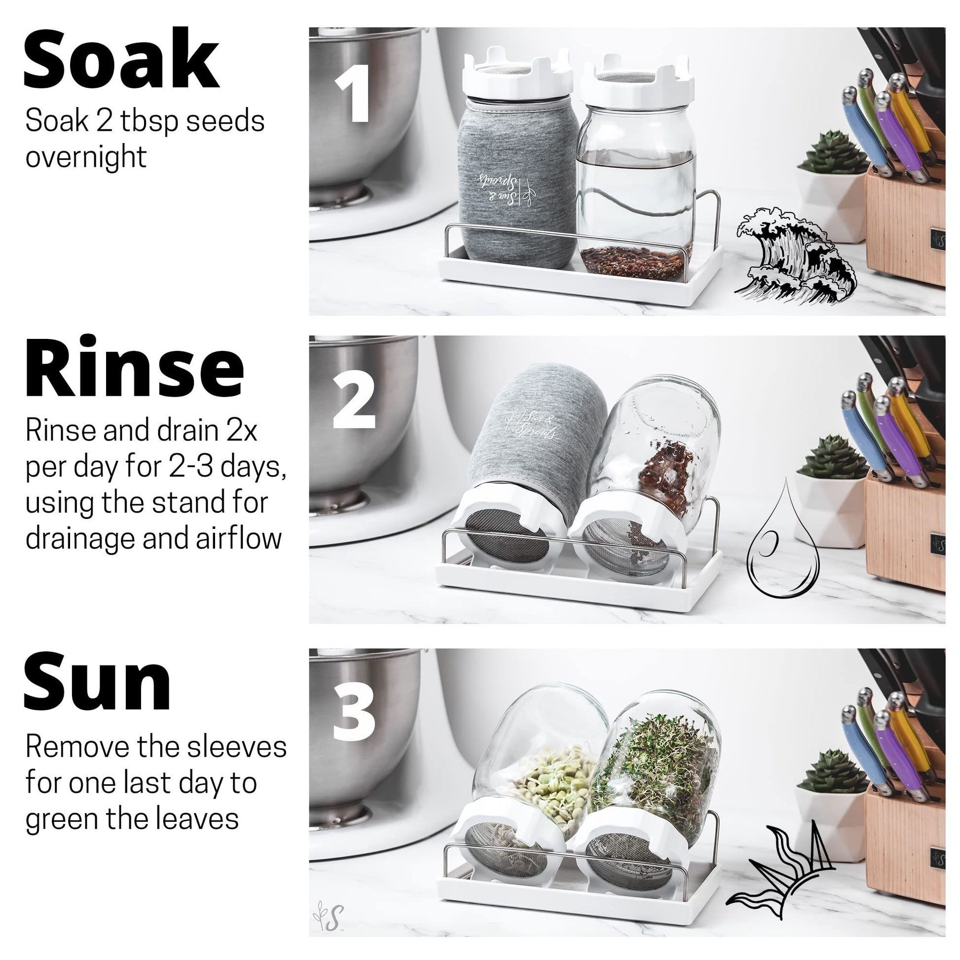 Sun & Sprouts The Original Complete Sprouting Kit - 2 Large Wide-Mouth Mason Jars, Premium Screen lids, Blackout Sleeves, Tray, Sprouter Stand - for Growing Broccoli, Mung Bean, Alfalfa from Seed