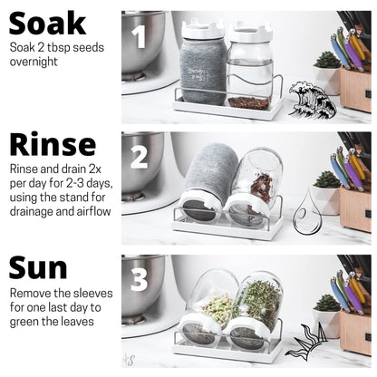Sun & Sprouts The Original Complete Sprouting Kit - 2 Large Wide-Mouth Mason Jars, Premium Screen lids, Blackout Sleeves, Tray, Sprouter Stand - for Growing Broccoli, Mung Bean, Alfalfa from Seed