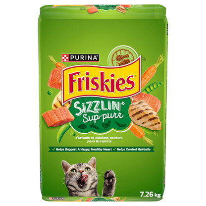 Friskies Sizzlin’ Sup-Purr Dry Cat Food, Flavours of Chicken, Salmon, Peas & Carrots - 7.26 kg Bag (1 Pack)