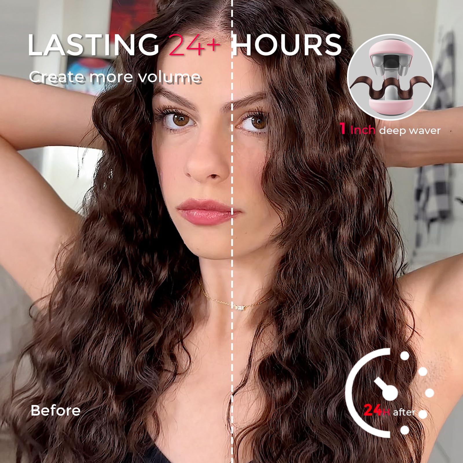TYMO ROVY Hair Waver Curling Iron, 3-Barrel Ionic Hair Curler with 9 Heat Settings, Beach Waves Crimper for Women, Travel-Friendly, Anti-Scald, Fast Heating, Easy to Use, Pink, 1 inch - Available at All In One Marketplace Canada