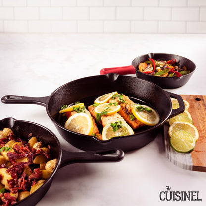 Cast Iron Skillet Set - 8" + 10" + 12"-Inch Pre-Seasoned Frying Pans + Silicone Handle Grip Covers - Indoor/Outdoor, Oven, Grill, Stovetop, BBQ, Fire and Induction Safe Kitchen and Camping Cookware Cuisinel