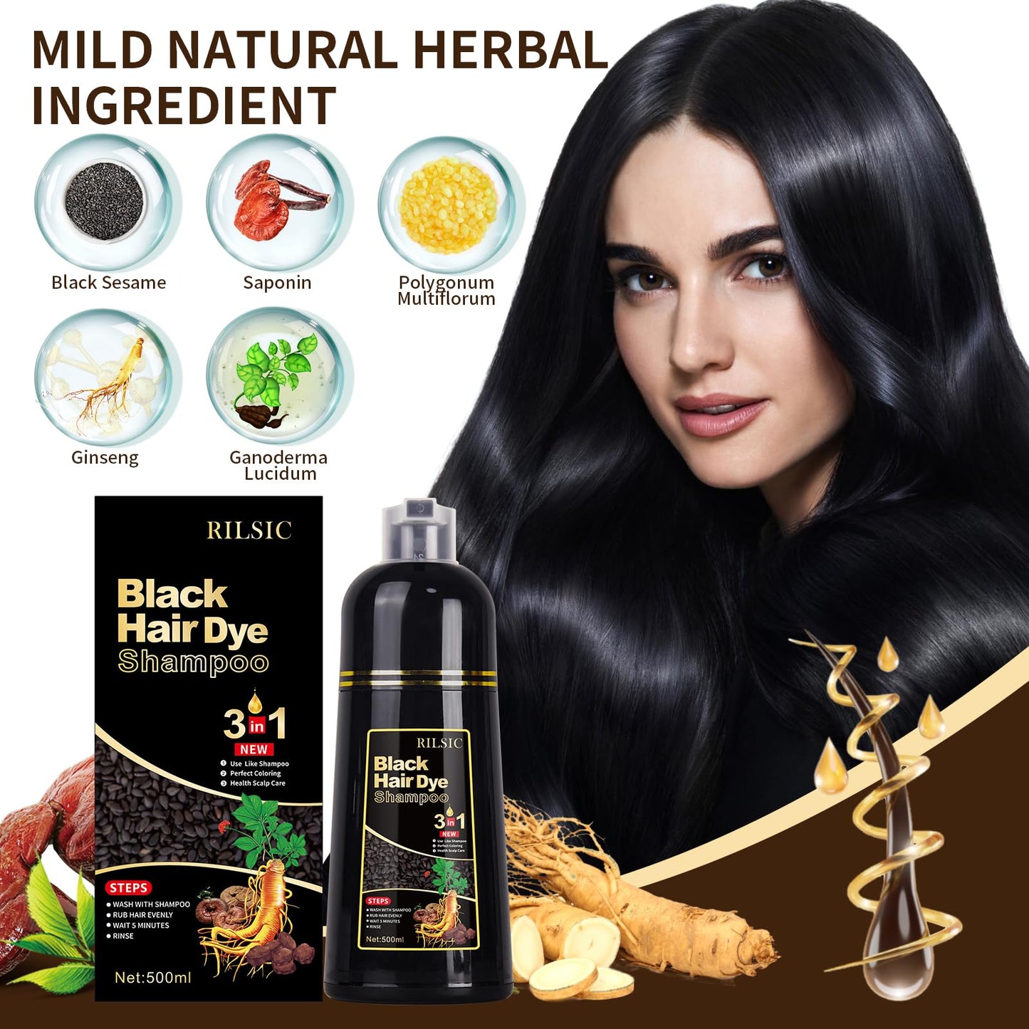 500ML Hair Color Shampoo for Women Men, Hair Dye Shampoo for Grey Hair Beard Coverage, Instant Colour Shampoo 3 in 1 - Long Lasting - Natural - Hair Coloring Hair in Minutes (Natural Black) - Available at All In One Marketplace Canada