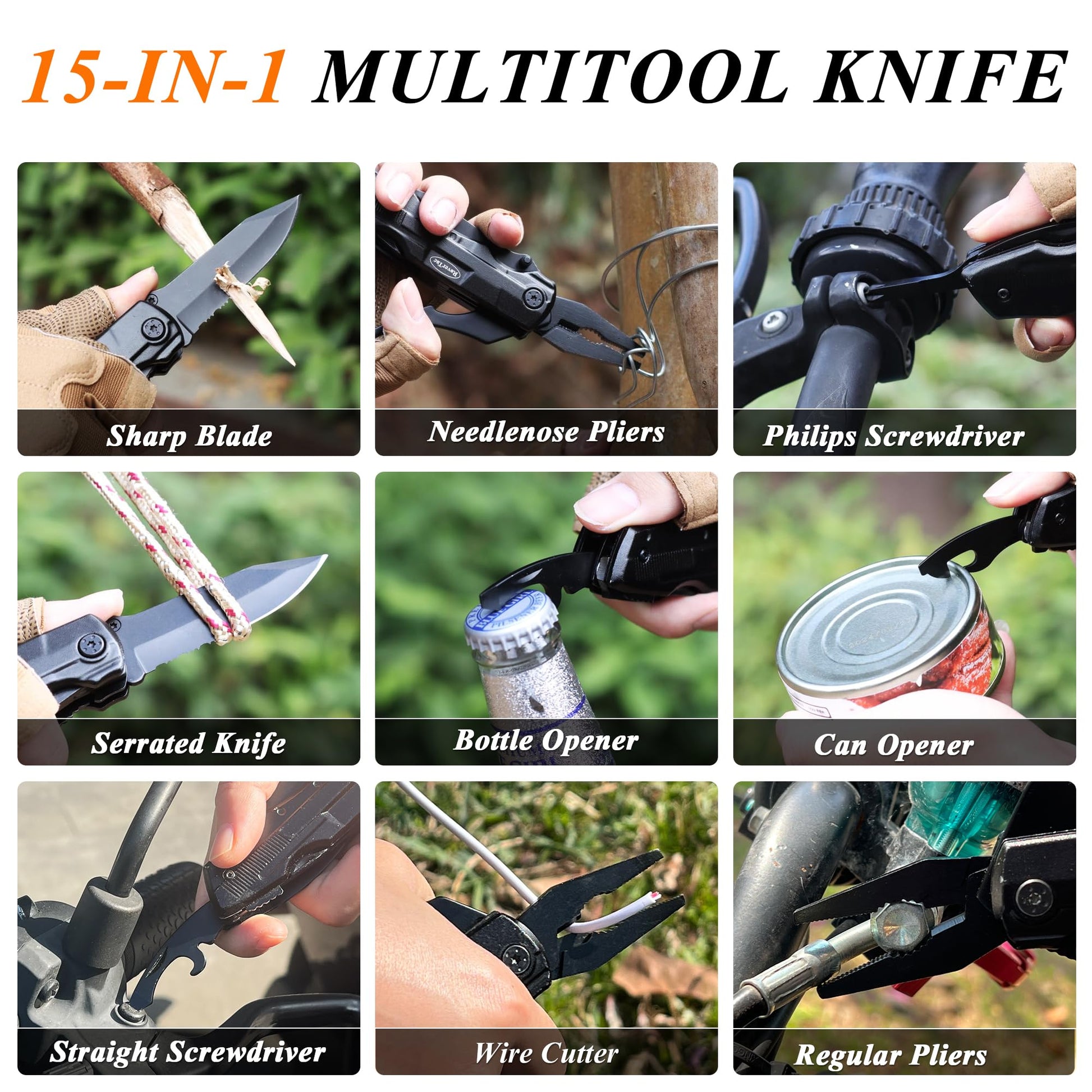 RoverTac Pocket Knife, 15-in-1 Multitool with Pliers, Bottle & Can Opener, 9 Screwdriver Bits, Locking Mechanism & Nylon Sheath - EDC Multi Tool for Camping, Hiking & DIY, Gift for Men & Dad - Available at All In One Marketplace Canada
