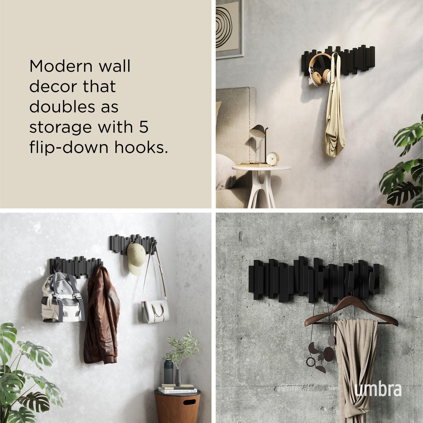 Umbra Sticks Wall-Mounted Coat Rack Rail Hook with 5 Retractable Pegs – Modern, Space-Saving Storage Organizer, Black Umbra