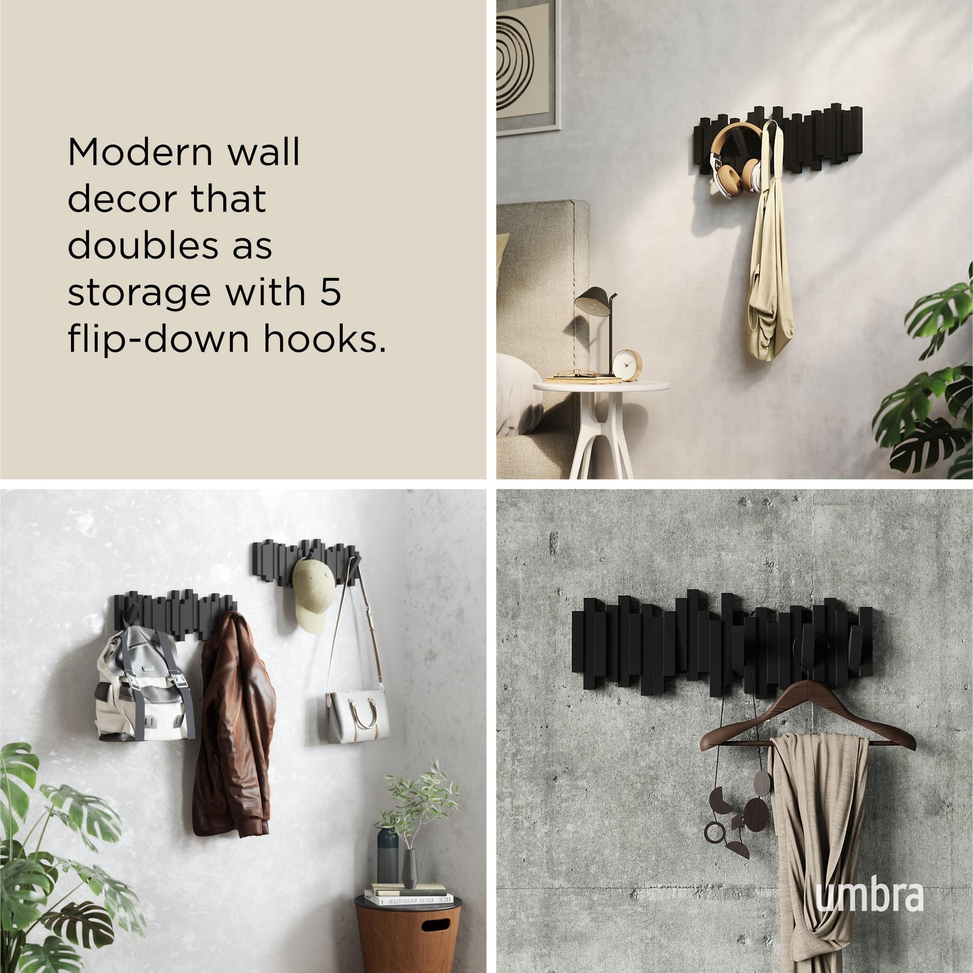 Umbra Sticks Wall-Mounted Coat Rack Rail Hook with 5 Retractable Pegs – Modern, Space-Saving Storage Organizer, Black Umbra