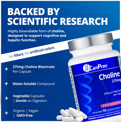 CanPrev Choline 275mg 90 Veggie Capsules, 90-Day Supply, VitaCholine for Cognitive Function, Memory & Focus, Vegan, Non-GMO, Gluten & Soy-Free, Supports Pregnancy, Liver & Heart Health, Made in Canada - Available at All In One Marketplace Canada