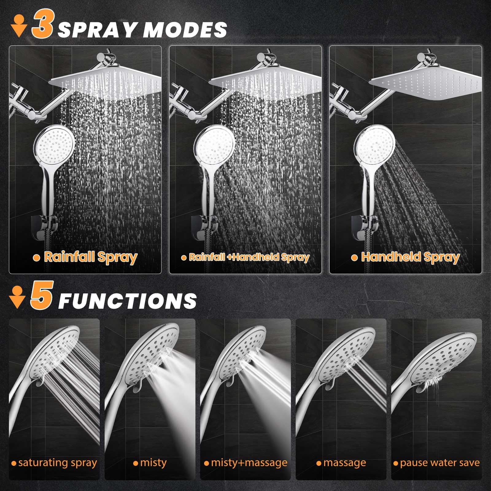 COSYLAND Rain Shower Head with Handheld - 304 Stainless Steel High Pressure 8 inch Square Rainfall Showerhead Combo with 3 Spray Mode 11 inch Extension Adjustable Arm & 60 inch Hose - Chrome COSYLAND