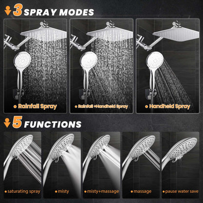 COSYLAND Rain Shower Head with Handheld - 304 Stainless Steel High Pressure 8 inch Square Rainfall Showerhead Combo with 3 Spray Mode 11 inch Extension Adjustable Arm & 60 inch Hose - Chrome COSYLAND
