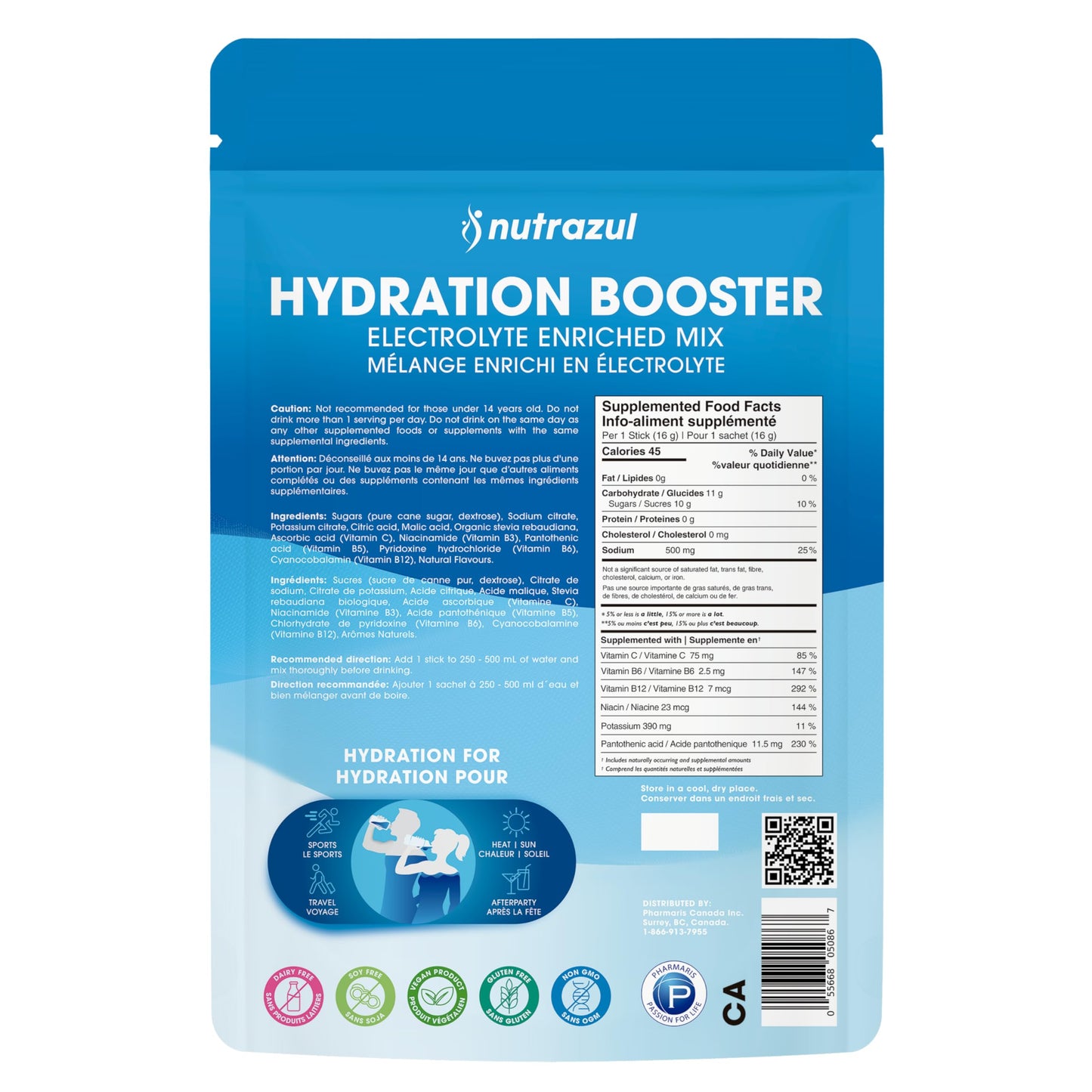 Nutrazul Hydration Booster, Electrolytes Powder Sticks with Sodium, Potassium, Vitamin B6 & B12, No Artificial Sweeteners, Acai Berry, Lemon Lime, Passion Fruit Flavour, 30 Sticks - Available at All In One Marketplace Canada