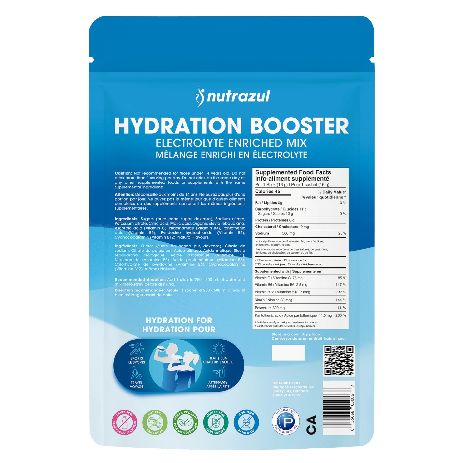 Nutrazul Hydration Booster, Electrolytes Powder Sticks with Sodium, Potassium, Vitamin B6 & B12, No Artificial Sweeteners, Acai Berry, Lemon Lime, Passion Fruit Flavour, 30 Sticks - Available at All In One Marketplace Canada