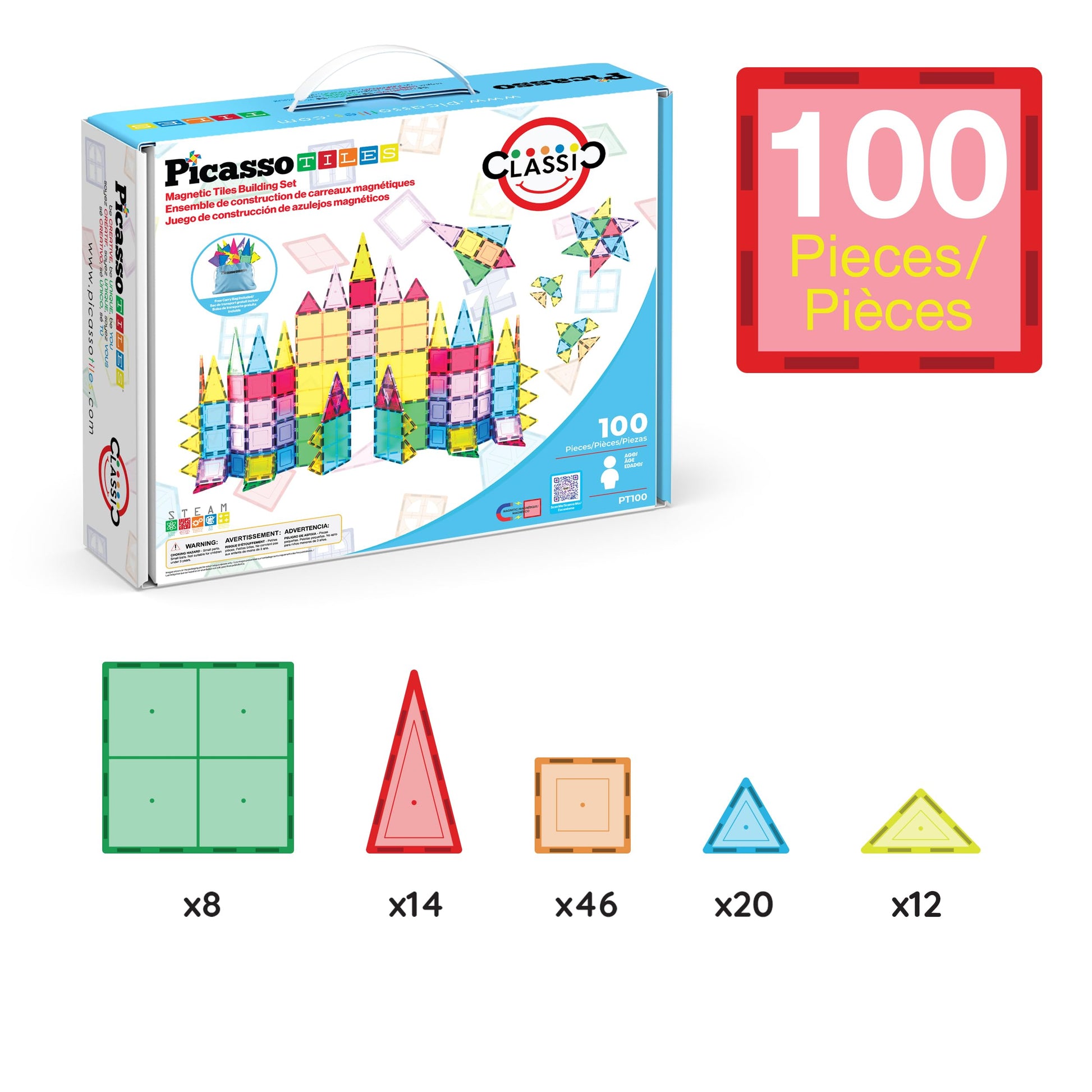PicassoTiles 100 Piece Set 100pcs Magnet Building Tiles Clear Magnetic 3D Building Blocks Construction Playboards, Creativity beyond Imagination, Inspirational, Recreational, Educational Conventional