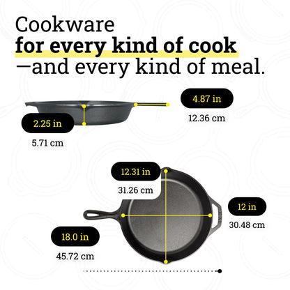LODGE MFG L10SK3 Lodge Logic, 12" Diameter, 2" Deep, Pre-Seasoned Cast Iron Skillet, black - Available at All In One Marketplace Canada