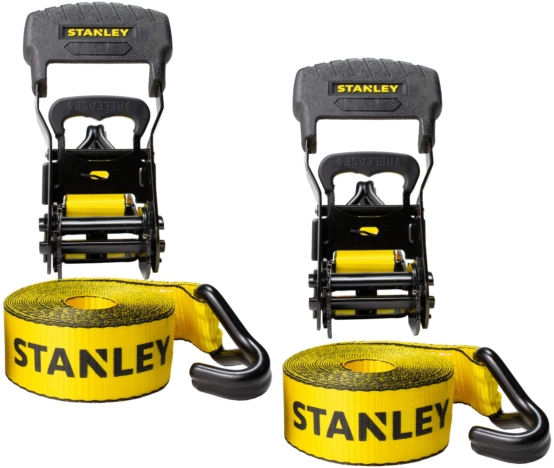 Stanley S1007 Black/Yellow 1.5" x 16' Ratchet Tie Down Straps - Heavy Cargo Securing (3,300 lbs Break Strength), 2 Pack Stanley
