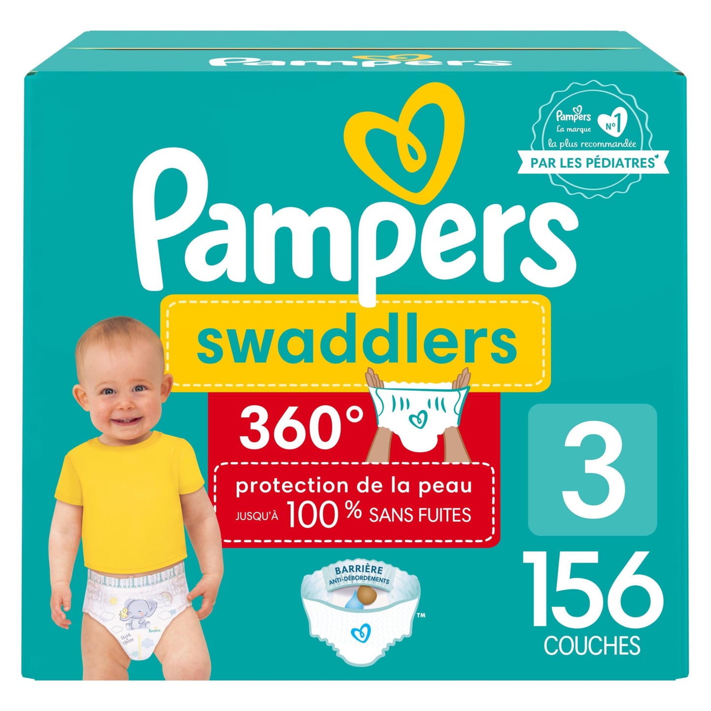 Pampers Diapers - Swaddlers 360 degrees - Size 3, 156 Count, up to 100% Leakproof Comfy Dry Fit, EZ Off Tabs Designed for Easy Changes, Pull On Diaper