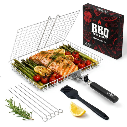 SHIZZO Grill Basket Value Set, Barbecue BBQ Grilling Basket , Stainless Steel Large Folding Grilling baskets With Handle, Portable Outdoor Camping BBQ Rack for Fish, Shrimp, Vegetables, Barbeque Griller Cooking Accessories, Gift, Gifts for father, dad, hu - Available at All In One Marketplace Canada