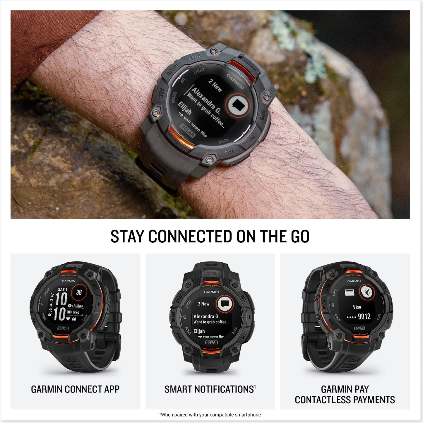 Garmin Instinct® 3 45mm, Solar Charged Display, Rugged Outdoor GPS Smartwatch, Metal-Reinforced Bezel, Built-in Flashlight, Black Garmin