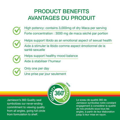 Jamieson High Potency Maca 3,000 mg, Helps to Support Emotional Aspects of Sexual Health and a Healthy Mood Balance. Vegetarian, Non-GMO, Gluten-Free, Only One Per Day, 60 Count