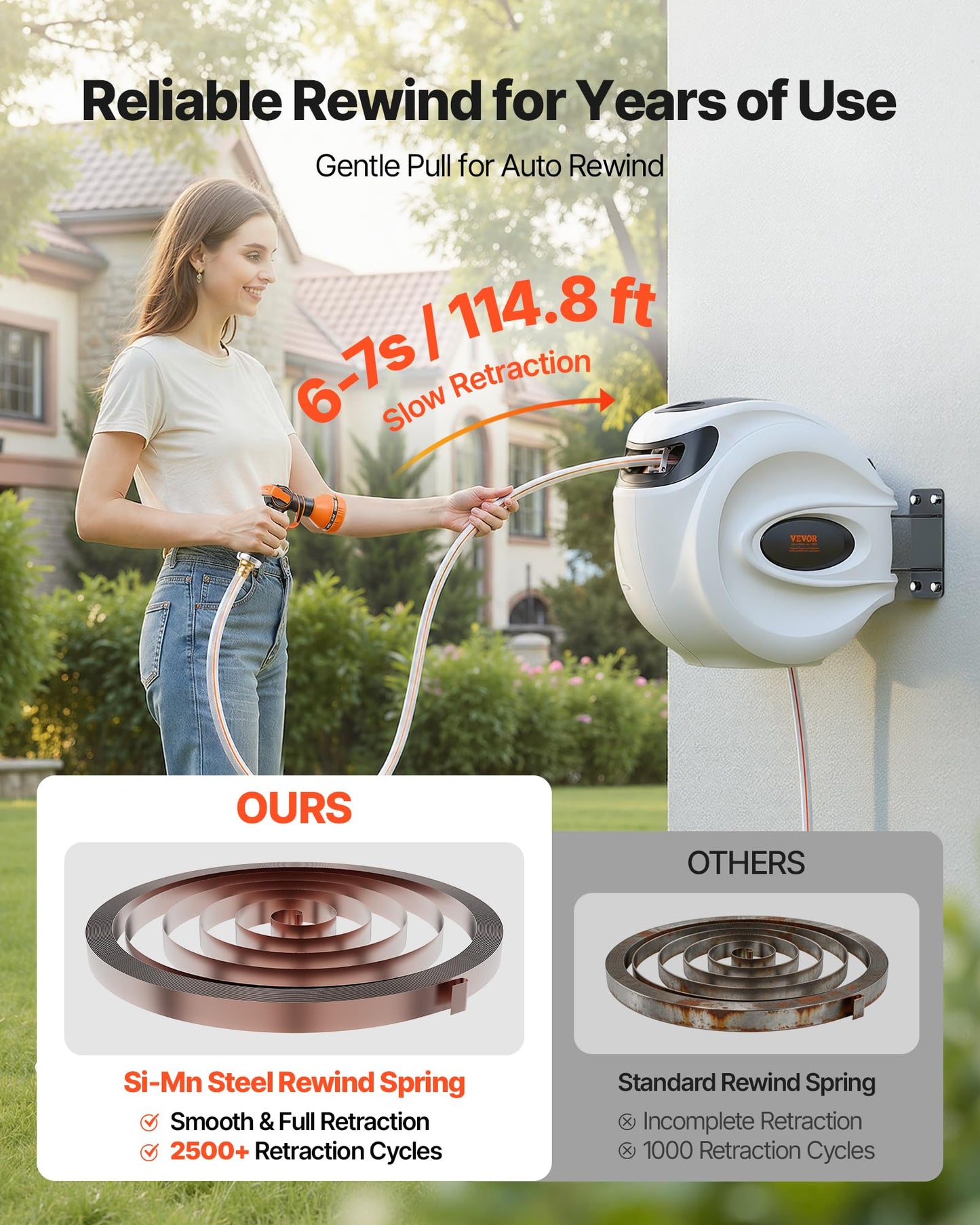 VEVOR Retractable Hose Reel, 115 ft x 1/2 inch, 180° Swivel Bracket Wall-Mounted, Garden Water Hose Reel with 9-Pattern Nozzle, Automatic Rewind, Lock at Any Length, and Slow Return System VEVOR