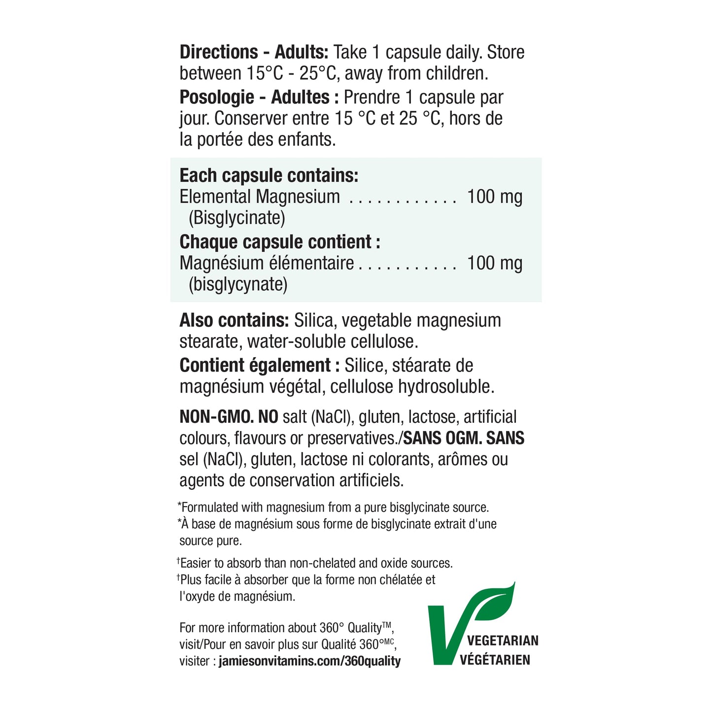 Jamieson 100% Pure Magnesium Bis-glycinate 100 mg Capsules, Not Blended, Magnesium Oxide Free, Supports Bone Development and Muscle Function, Chelated, Source of Electrolytes, Easy to Absorb, Vegetarian, Non-GMO, Gluten-Free, Value Size, 130 Count