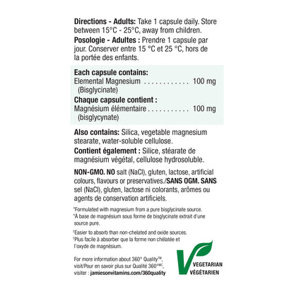 Jamieson 100% Pure Magnesium Bis-glycinate 100 mg Capsules, Not Blended, Magnesium Oxide Free, Supports Bone Development and Muscle Function, Chelated, Source of Electrolytes, Easy to Absorb, Vegetarian, Non-GMO, Gluten-Free, Value Size, 130 Count