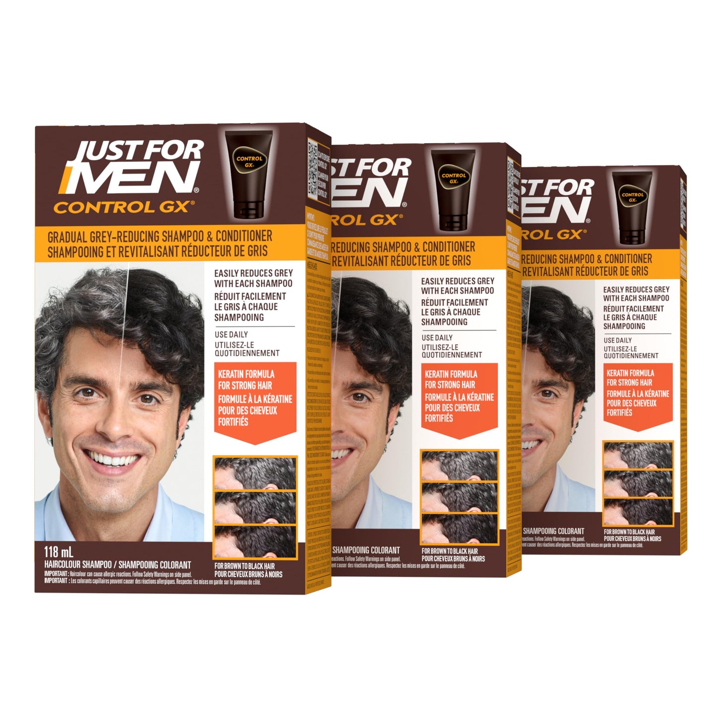 Just For Men Control GX Grey Reducing 2-in-1 Shampoo and Conditioner, Gradual Hair Color for Man, Stronger and Healthier Hair, 118ml - Pack of 3 🍁 All In One Marketplace Canada