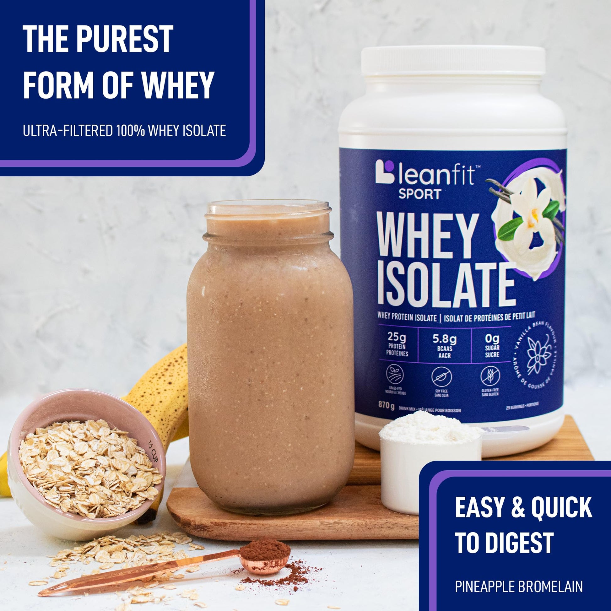 LeanFit Sport Grass-Fed Whey Protein Isolate Powder – Natural Vanilla, 26g Protein Per Serving, 29 Servings