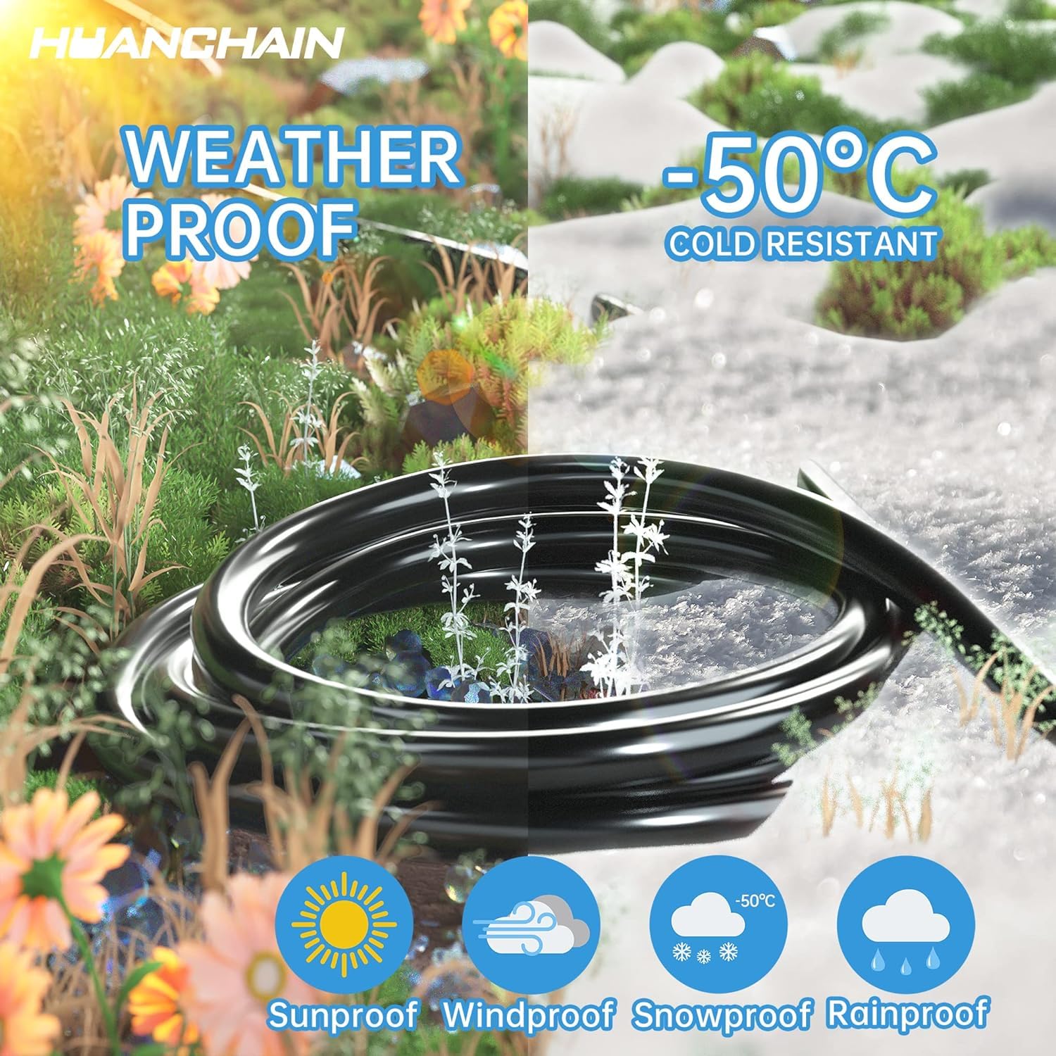 HUANCHAIN Indoor Outdoor Black Extension Cord 50 ft Waterproof, 16/3 Gauge Flexible Resistant Appliance Extension Cord Outside, 13A 1625W 16AWG SJTW, 3 Prong Electric Cable, ETL