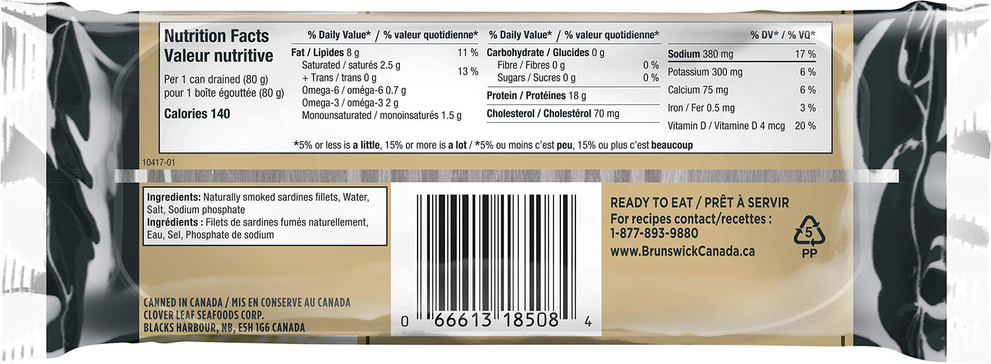Brunswick Golden Smoked Sardine Fillets - 92g Cans, Pack of 18 | Protein-Rich Seafood Snack with Omega-3 & Vitamin D