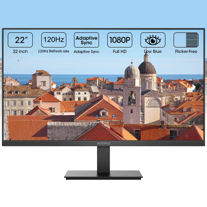KOORUI 22 Inch Computer Monitor, FHD 1080P VA Desktop Display, 120HZ Ultra Thin Bezel/Eye Care/Ergonomic Tilt, HDMI VGA Ports LED Monitor for PC, VESA Mounting