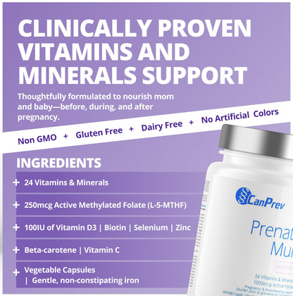 CanPrev Prenatal Multi 120 Caps 30-Day Supply - Prenatal Vitamins with Folic Acid for Pregnancy & Breastfeeding, Women's Prenatal Multivitamin & Mineral, 1000 mcg Active Folate - Non-GMO & Gluten-Free - Available at All In One Marketplace Canada