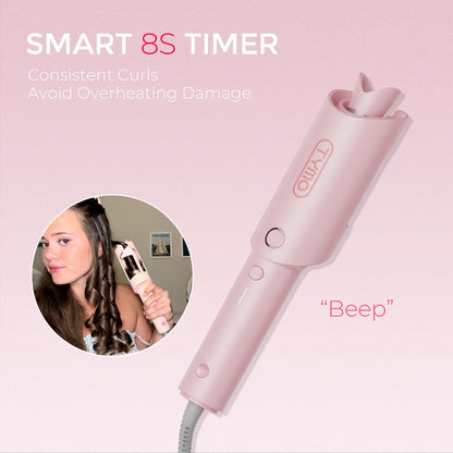 TYMO CURLPRO Automatic Rotating Curling Iron - Beach Waves Curling Wand, Portable Hair Curler, 500 Million Ionic, Dual Voltage & Lightweight for Travel, Ceramic Coating, Pink 1 inch